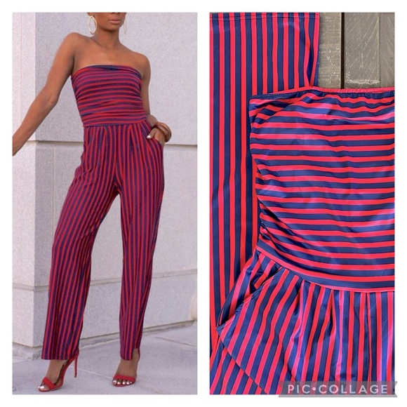 New! Sassy Blue & Red/Pink Strapless Tube Top Striped Jumpsuit Size Large - Picture 1 of 15